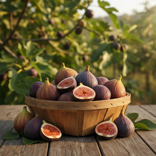 Basket of freshly harvested ripe figs displayed on a wooden table with fig trees in the background.