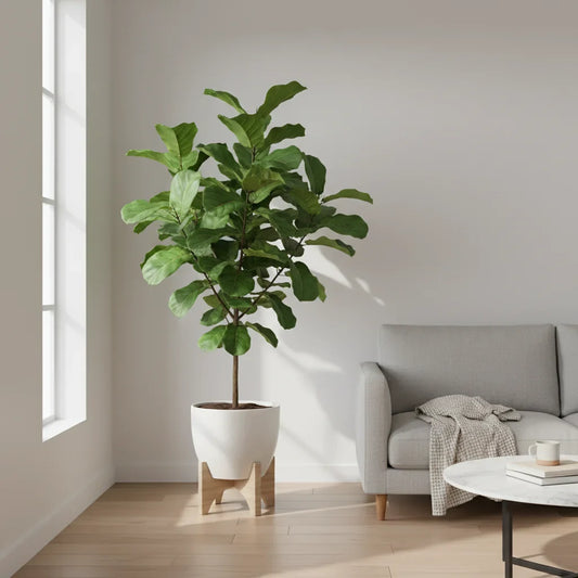 Indoor fiddle leaf fig tree in a white planter placed near a bright window in a modern living room