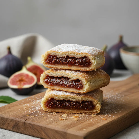 Stack of homemade fig bars with jammy fig filling, dusted with powdered sugar on a wooden board