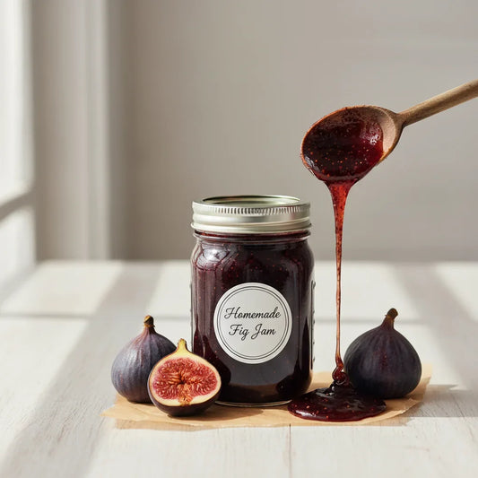 Jar of homemade fig jam with a spoon dripping thick fig preserve, surrounded by fresh whole and sliced figs on a light wooden surface