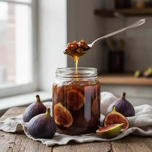 Jar of homemade fig preserves with ripe figs on a kitchen countertop