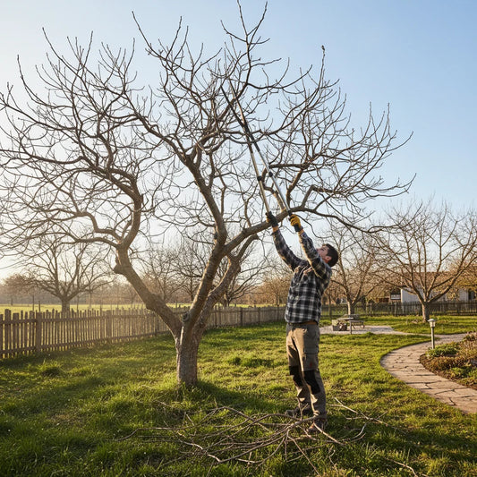 Man pruning a mature fig tree to maintain healthy growth and seasonal fruit production.