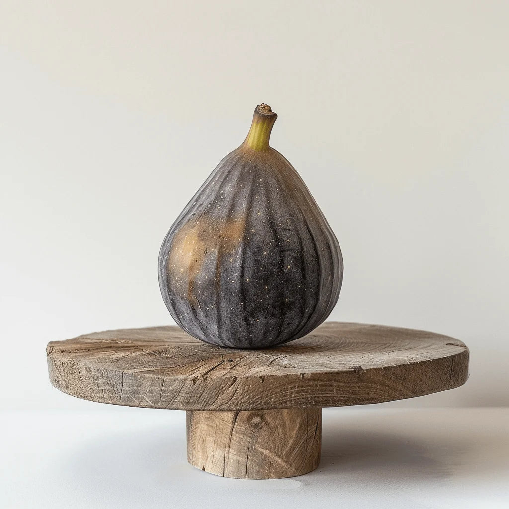 Peter Honey Fig on a wooden stand with a plain background