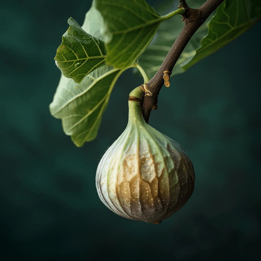 White Texas Everbearing Fig hanging from a branch with green leaves on a dark background