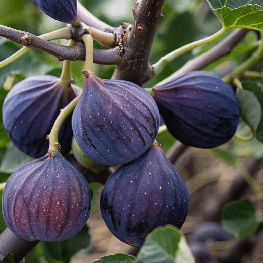 Ripe Celeste figs hanging on a tree branch with green leaves.