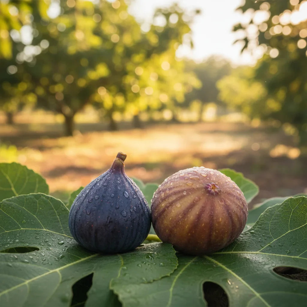 Black Mission vs Brown Turkey figs displayed on fig leaves in an orchard setting