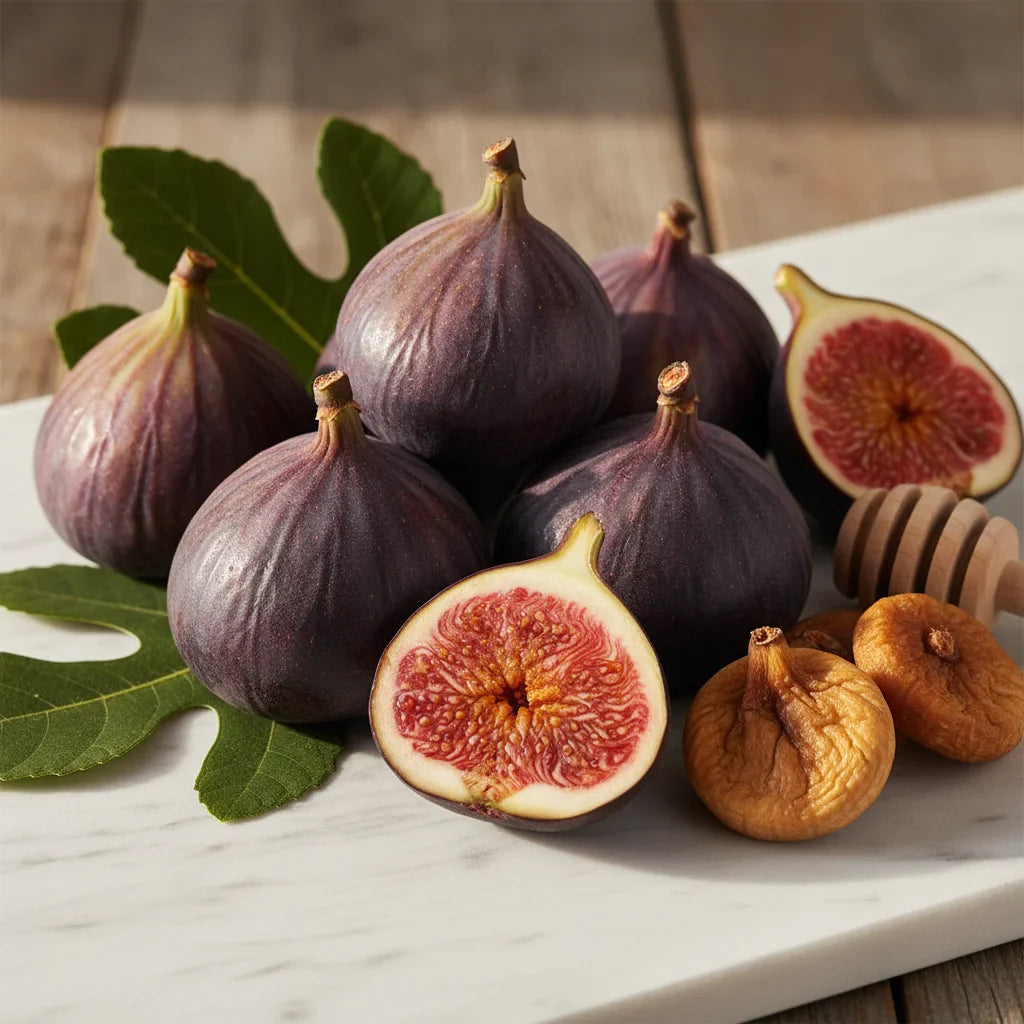 Fresh whole and sliced figs on a plate with fig leaves and dried figs