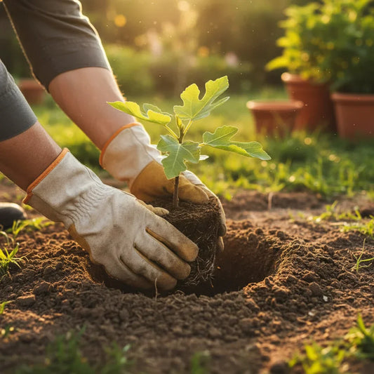 Planting a young fig tree sapling in garden soil, showing proper spacing and early fig tree care.