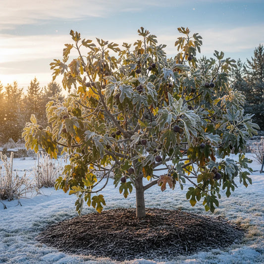 Fig tree covered in frost during winter, showing cold weather conditions and seasonal protection needs.