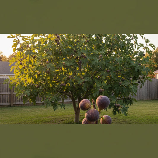 Healthy fig tree with ripening figs growing in a backyard garden in USDA zone 6