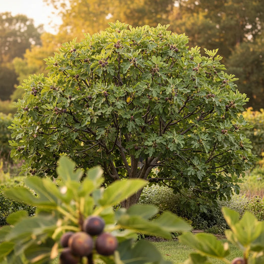 Bushy fig tree with dense green foliage and developing figs growing in a garden landscape.