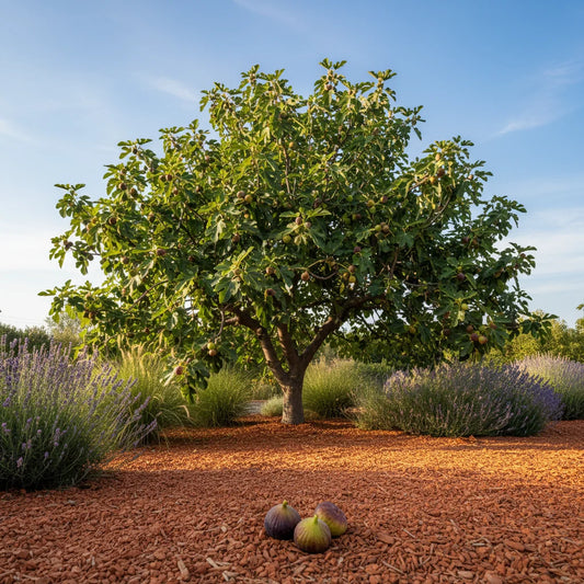 Healthy fig tree producing ripe figs in a garden setting with mulch and surrounding plants.