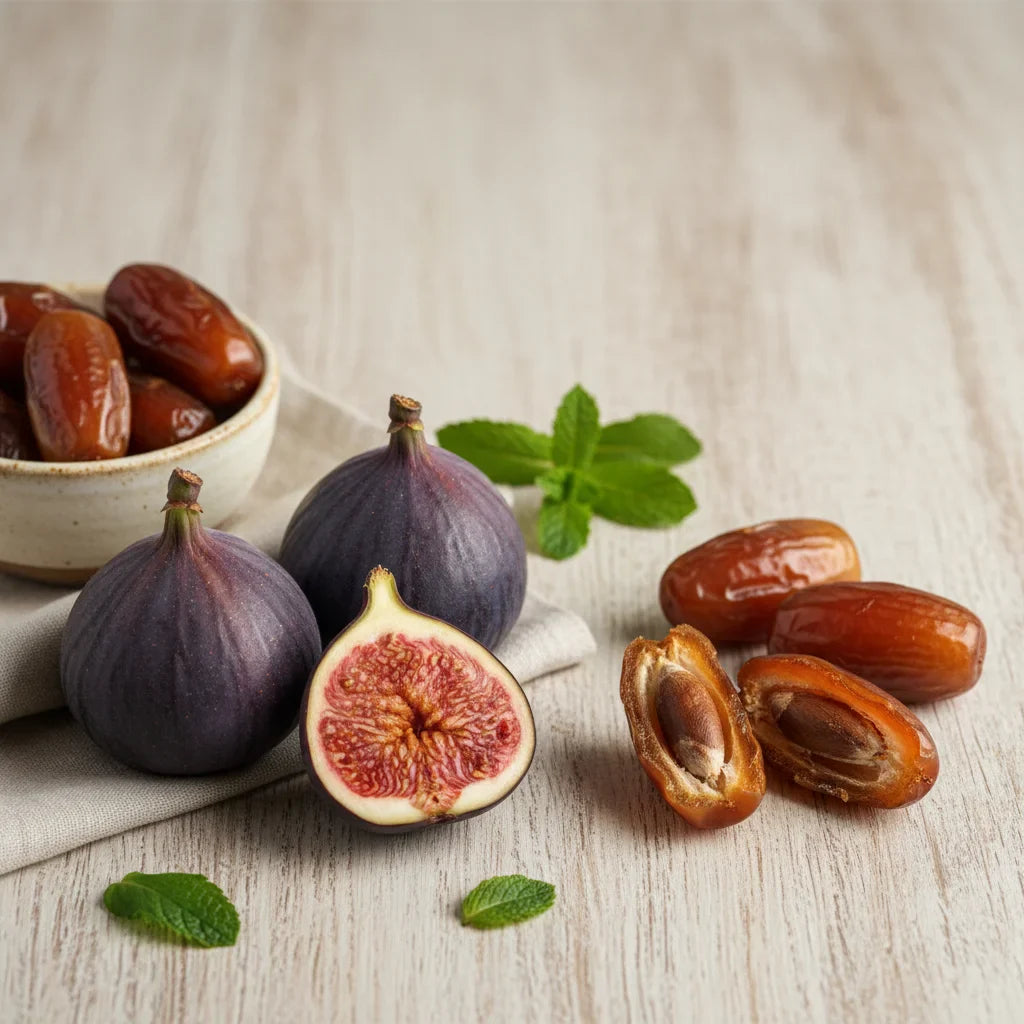 Fresh figs and dates arranged on a light wooden surface, with whole and halved figs showing red flesh alongside pitted dates and mint leaves.