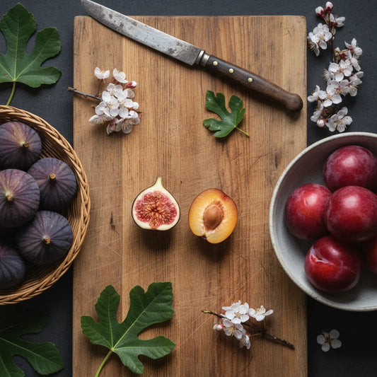 Fresh figs and sliced fruit arranged on a wooden cutting board with fig leaves and blossoms.