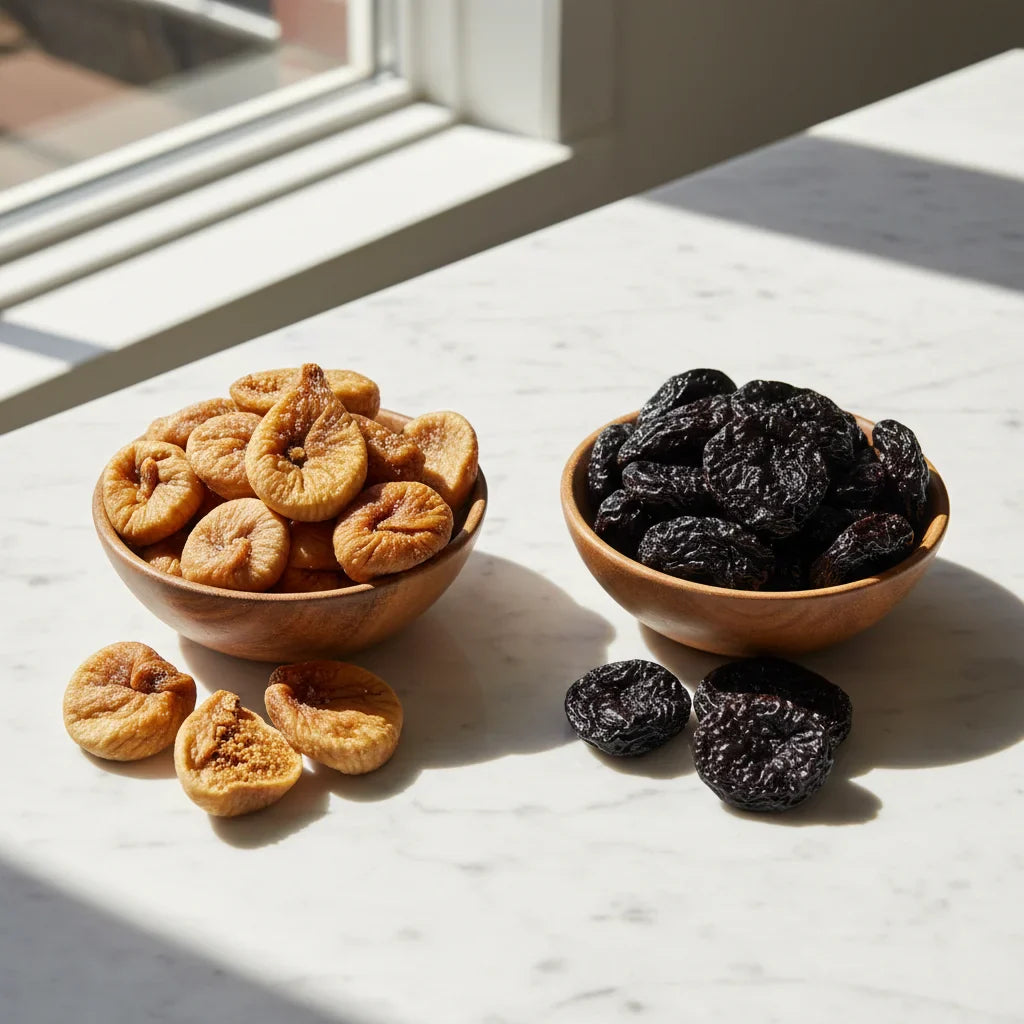 Side-by-side comparison of dried figs and prunes in wooden bowls, showing differences in color, size, and texture