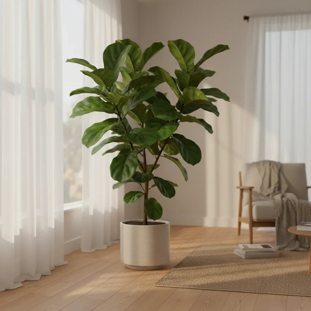 Indoor fiddle leaf fig tree placed near a bright window with sheer curtains, showing ideal natural light conditions for healthy growth