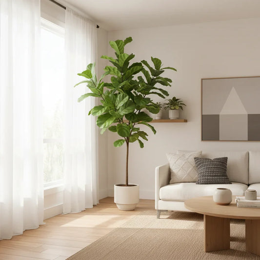 Modern living room with a fiddle leaf fig tree in a pot near a sunlit window