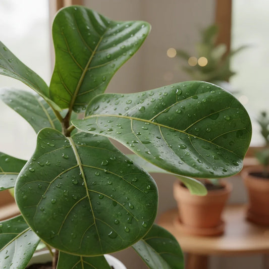 Close-up of healthy fiddle leaf fig leaves with visible water droplets, showing leaf texture and veins indoors.