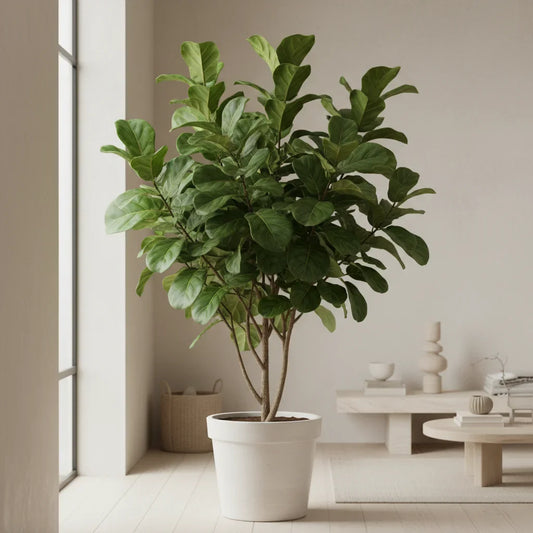 Fiddle leaf fig plant in a white pot placed beside a sofa in a bright, modern living room with natural light.