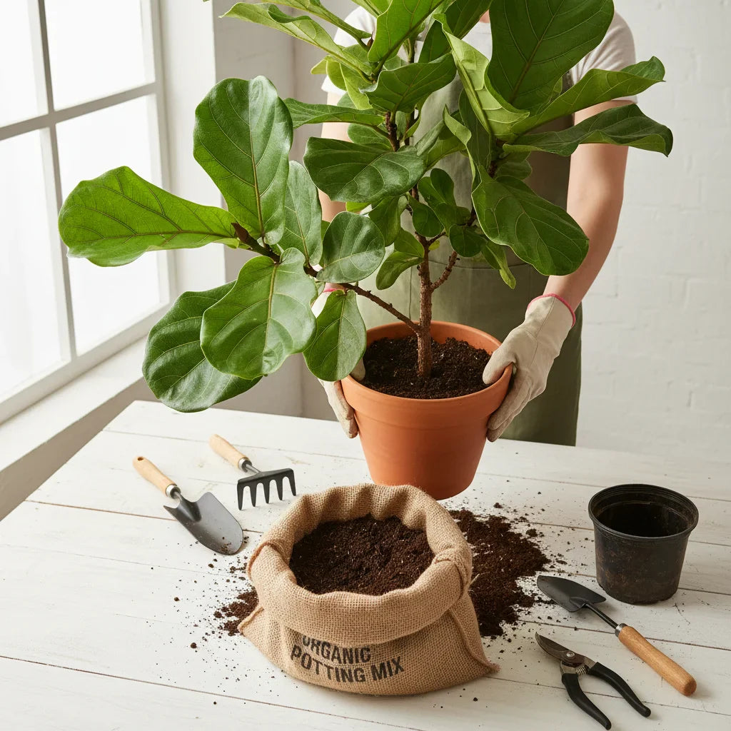 Person potting a young fig tree indoors using soil mix and gardening tools for healthy container growth.