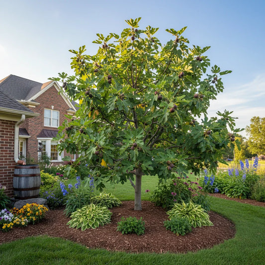 Fig tree growing in a landscaped front yard garden with green leaves and developing fruit.
