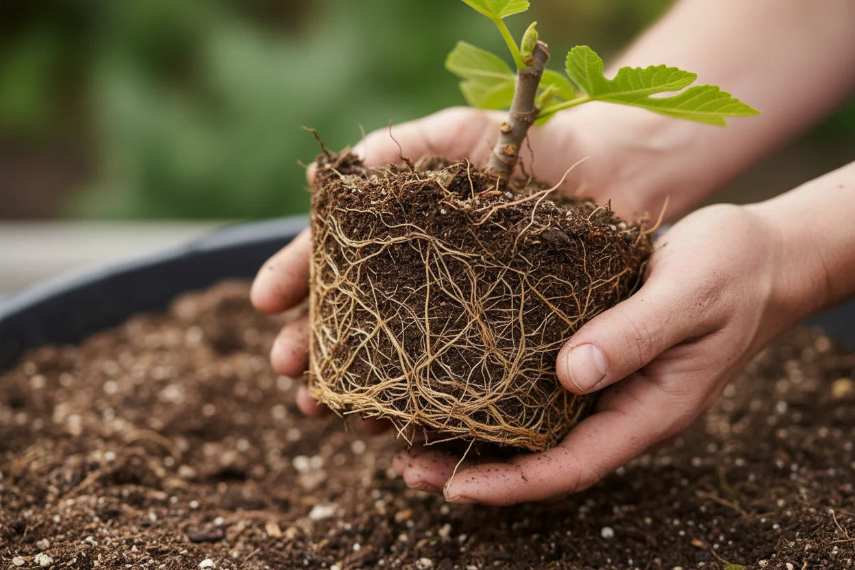 Fig tree sapling with healthy root system