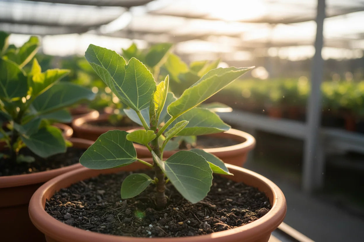 Young fig tree growing vigorously in a pot