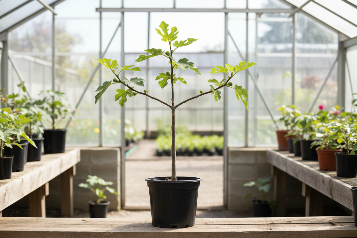 Young fig tree with strong main stem in greenhouse