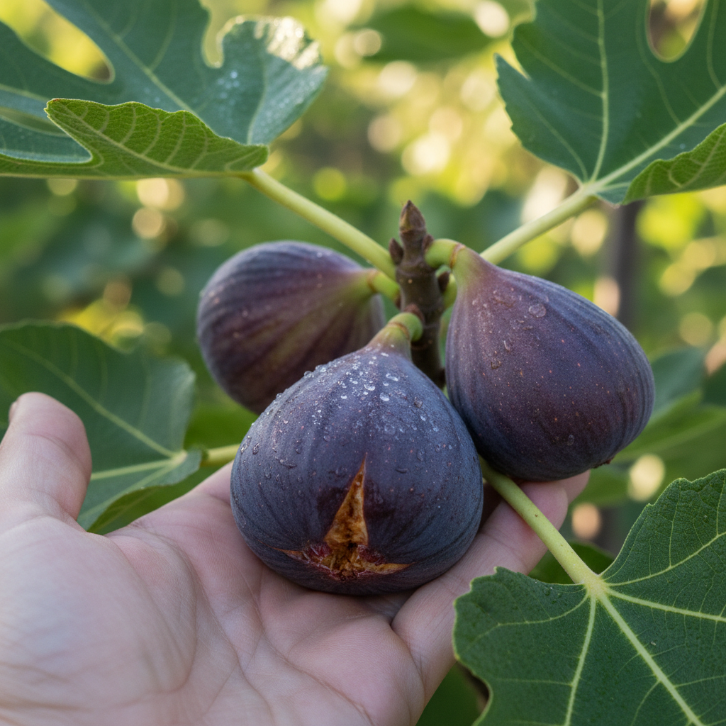 Hand holding ripe Black Mission figs on fig tree